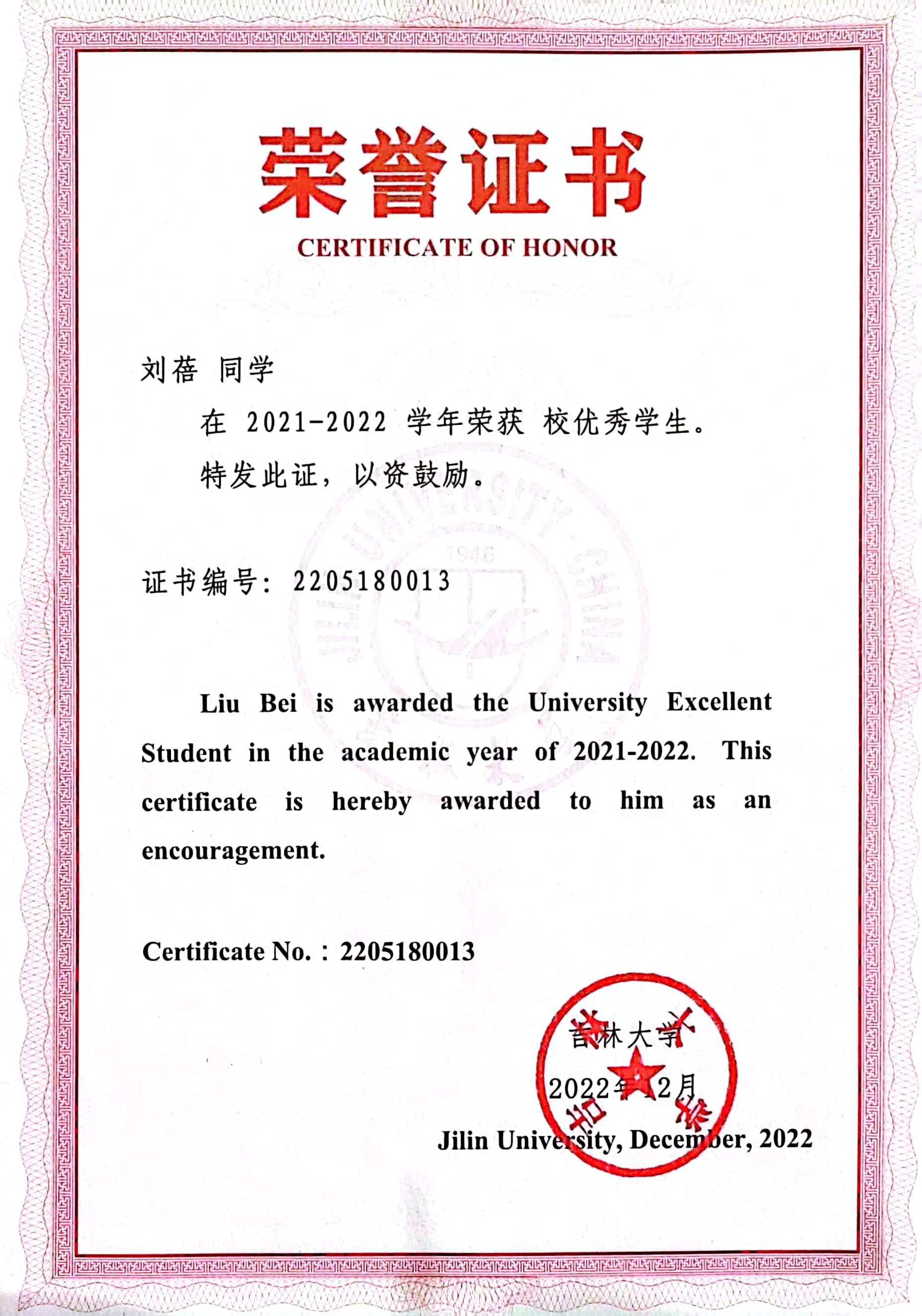 2021—2022 校优秀学生